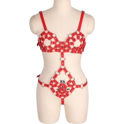 PU Leather Harajuku Bondage Dance Rave Wear Plus Size Sexy Harness Fashion Bra Body Belt Lingerie Set Caged Bralette Garter Belt