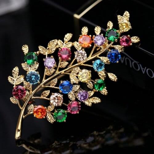 Zlxgirl high Metal copper colorful leafs Shape Brooches Zircon bridal Jewelry For Womens Luxury Brooch Pins men bridal jewelry