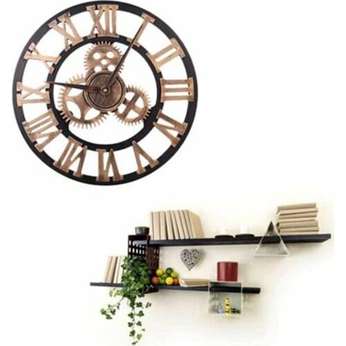 40cm 3D Gear Design Roman Numeral Wall Clock Non-ticking Retro Wooden Large Clock Living Room Hotel Decoration Without Battery
