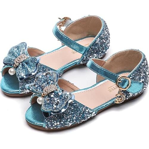 Kids sandals girls fashion cute Casual low Heels children sandals bling rhinestone Pearl bow Princess Shoes Hollow Party Shoes