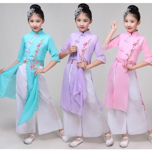 Childrens Classical Fan Dance Dress Girl Yangko Dance Costuem Kids Umbrella Dance Performance Costume Chinese Folk Dance Cloth