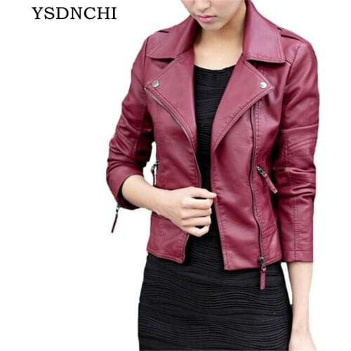 YSDNCHI Pu Leather Jacket Women Fashion Bright Colors Black Motorcycle Coat Short Faux Leather Biker Jacket Soft Jacket Female