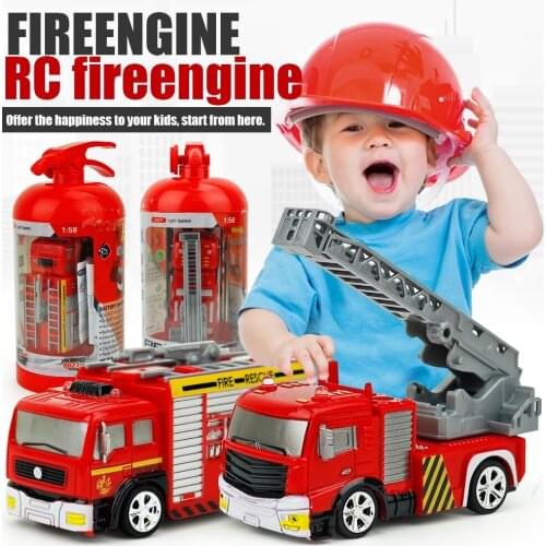Cute 1:58 Mini 4CH Fire engine Ladder Truck engineering RC Truck Toy Fire Extinguisher Case + 4pcs Barricade Mini Car for Kids