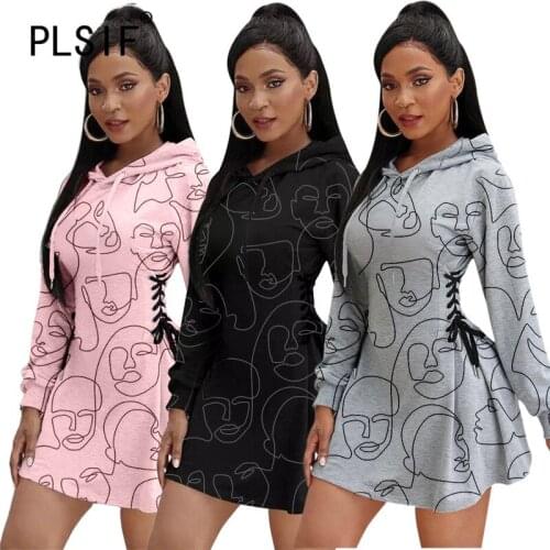 New Style Print Mini Dress Full Sleeve Hoodies Casual Slim A-Line Dresses Lady Sexy Club Party Vestidos