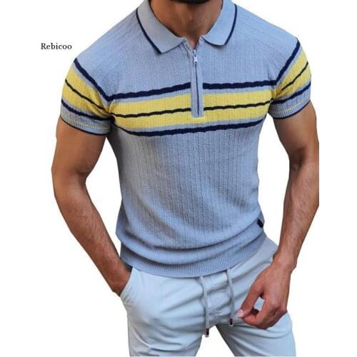 Mens Vintage Striped Print Polo Shirt Summer Short Sleeve Knitted t Shirts Casual Turn-Down Collar Zipper Tops for Men Clothing