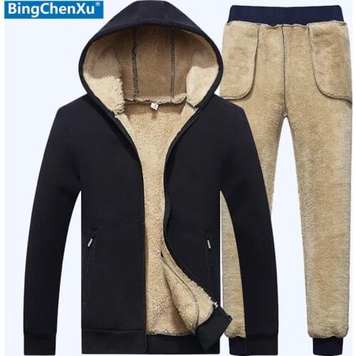 Lamb cashmere Tracksuit Men Thick Men Hoodie+Pant Winter Brand Casual Hooded Track Suit Warm cashmere Winter Fleece Sweatshirt