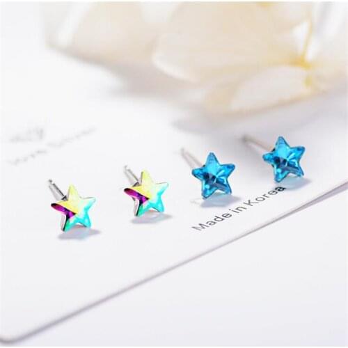 New Arrival Women Fashion Fresh Multicolored Five-pointed Star 925 Sterling Silver Jewelry Cute Mini Crystal Stud Earrings SE880