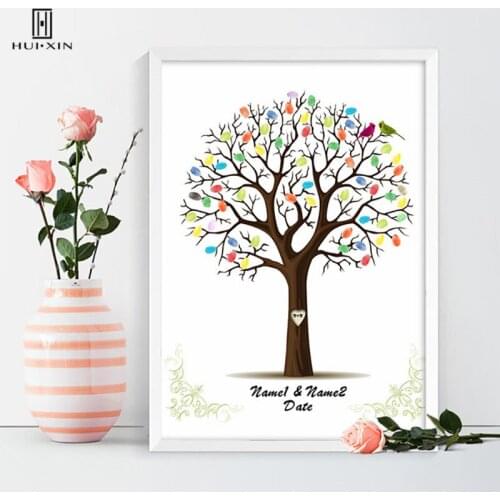 Birds Flying on the Wedding Tree Fingerprint DIY Guestbook Printing Free Personalized Name And Date for Engagement Wedding Party