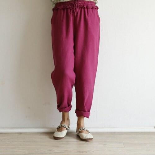 QPFJQD Ladies Loose Linen Elastic Waist Pencil Pants Plus Size Solid Color Women Flax Retro Trousers 2021 Autumn Summer