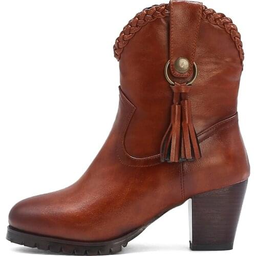 Vintage Womens Ankle Boots Shoes New 2020 Winter Motorcycle Boots Block Heels Black Brown Short Boots Fashion Tassel Large Size