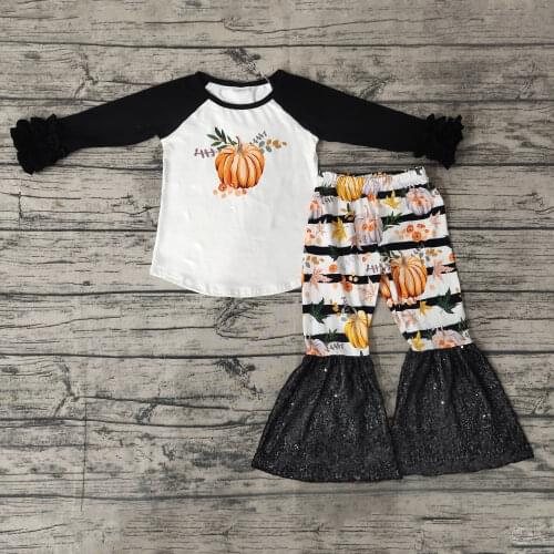 High Quality Kids Clothing Thanksgiving Style Long Sleeve Pumpkin Shirt Sequin Bell Bottom Pants Set