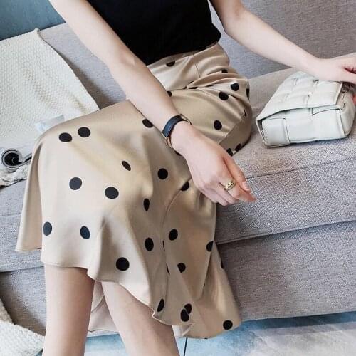 Summer Silk Midi Skirts Womens Korean England Style Dot Satin Office Lady Simple Solid Skirts Black Loose