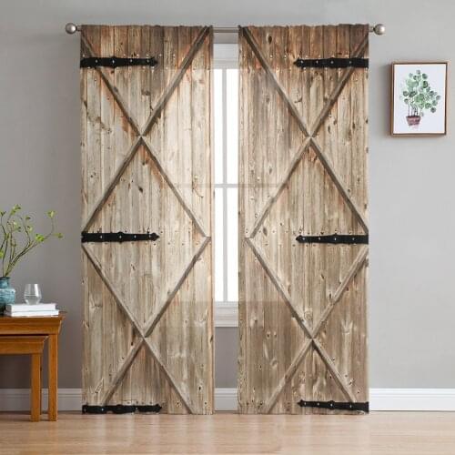 Barn Wooden Door Farm Sheer Curtains Window Tulle Curtains For Living Room Bedroom For Kitchen Veiling Curtains Decoration