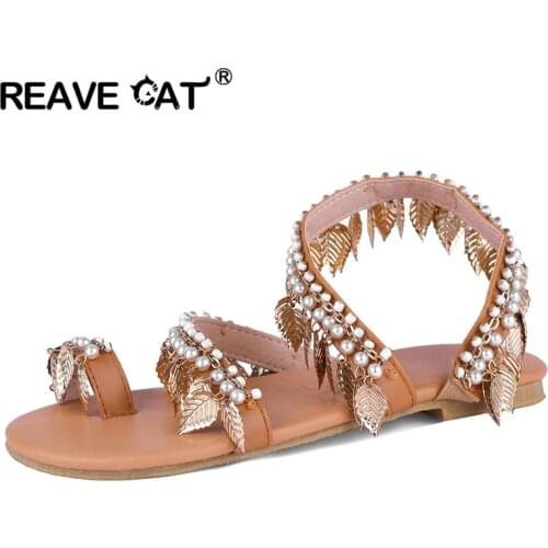 REAVE CAT Roman Style Summer Flat sandals for woman lady beach vacation leisure sandal Clip toe Tassel Brown Glatdiator size 43