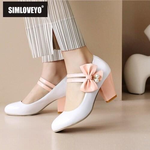 SIMLOVEYO New 2021 Women Pumps Round Toe 7cm Block Heels Patent Leather Bowtie Pearl Buckle Non-Slip Cosplay Summer A3478