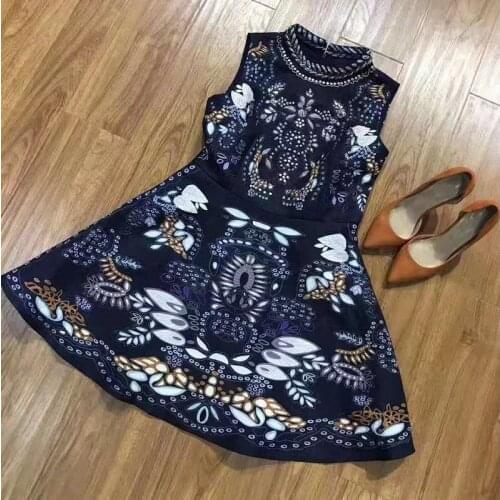 Newest Fashion Autumn Dress 2021 High Quality Women Stand Neck Beading Deco Sleeveless Large Swing Casual Vintage Print Dress