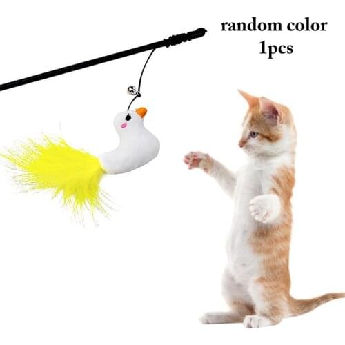 1pc Plush Cat Wand Toy Pet Accessories Duck Pendant Cat Faux Feather Wand Cat Teaser Toy With Bell Pet Supplies Random Color