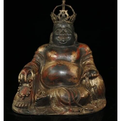 12"Tibet Buddhism Temple Old Bronze Lacquer Cinnabar Maitreya Buddha Big belly Maitreya Amitabha Enshrine the Buddha