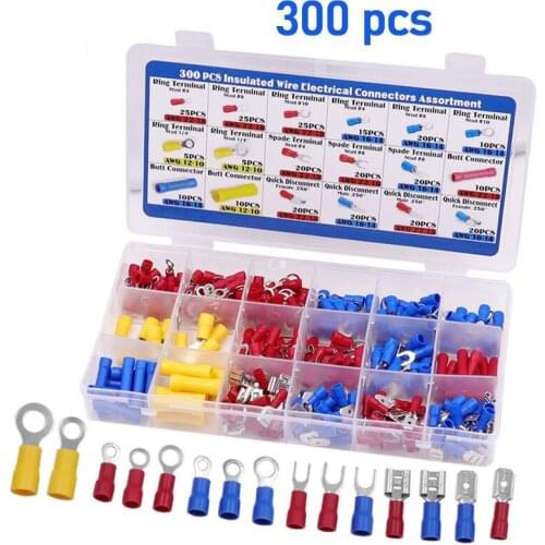 300PCS Assorted Insulated Electrical Wire Crimp Connectors Spade Terminals Butt Ring Fork Lugs Terminal Mix Kit