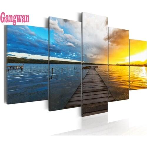 5 Pcs set Wooden Trestle on Sea Water Colorful Sunset Sky 5d diamond painting diy full diamond embroidery mosaic home decoration