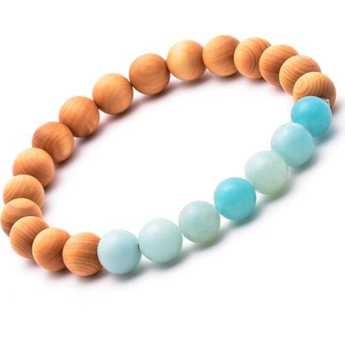 8mm Wooden Beads Wrapped With Aquamarine Stones Beaded Combination Unisex Bangle Bracelet Daily Jewelry