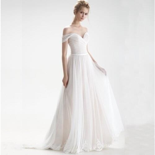 ADLN Elegant Off-shoulder Boho Wedding Dresses with Pleats Sweep Train Robe de Mariage Simple White/ivory Lace Bridal Gown