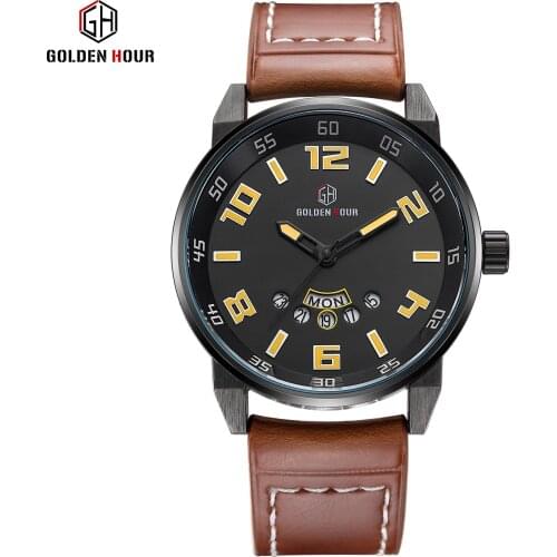 GOLDENHOUR 109 Fashion Student Couple Waterproof Leather Watch Male Calendar Quartz Casual Sports Wristwatches