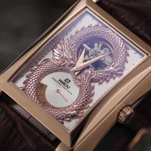 Tourbillon Hand wind Mechanical Mens Watch Beautiful Rose Gold Carving Dragon Men Watch Rectangle Wrist Watch A65