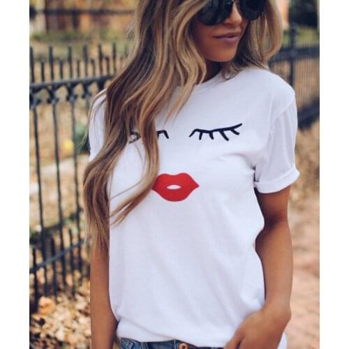 Focal20 Streetwear Lips Print Female T shirt Short Sleeve Crew Neck Tops Casual Loose Summer Women T-shirts