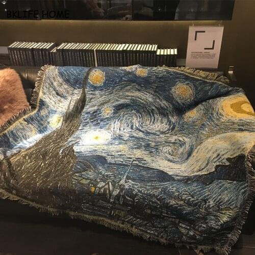 Cotton Blend Rug Van Gogh Starry Night Sofa Blanket Living Room Bedroom Soft Carpet Bedspread Tablecloth Tapestry Home Decor