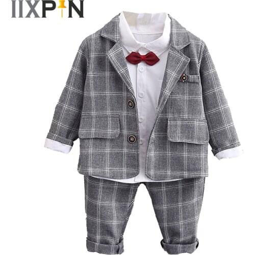 3Pcs Boys Suit Kids Clothing Sets Toddlers Gentlemen Suit School Uniforms Outfits Plaid Jackets Long Pants Boys Wedding Suits