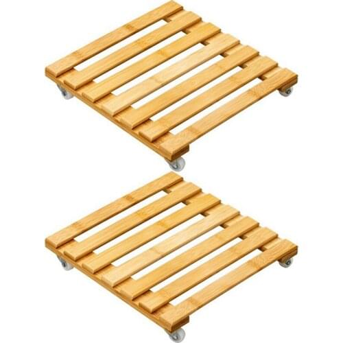 Hot Home Garden Bamboo Movable Plant Pot Trolley Tray Square Universal Wheel Potted Chis Base Plant Stand