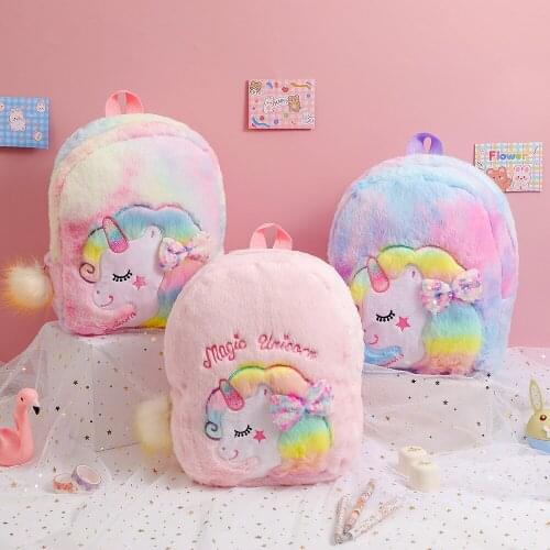 Baby Girl Unicorn Fur Backpack Cute Children Zipper Schoolbag Mini Kid Toy Doll Backpack For Kidergarten New Girl Plush Doll Bag