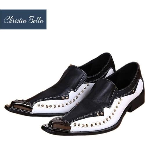 Christia Bella British Style Mens Fashion Metal Pointed Toe Shoes Black and White Joint Genuine Leather Rivet Men Party Shoes