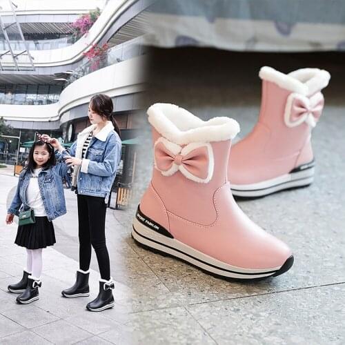 Winter Parent-child snow boots Comfort antislip slip-on women ankle boots Platform fur small/ plus size grils cotton shoes Black