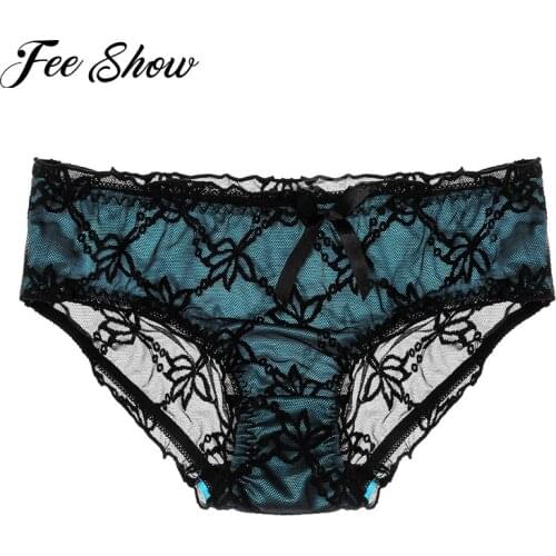 Men See-through Floral Lace Briefs Sexy Panties Low Rise Patchwork Underwear Bowknot Elastic Waistband Sissy Panties Underpants