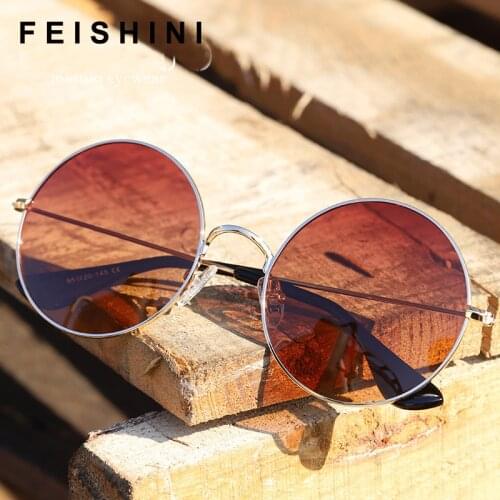 FEISHINI 2020 Punk Polarized Sunglasses Men Round Alloy Frame Vintage Brown Brand Designer Women Sun Glasses For Driving Party