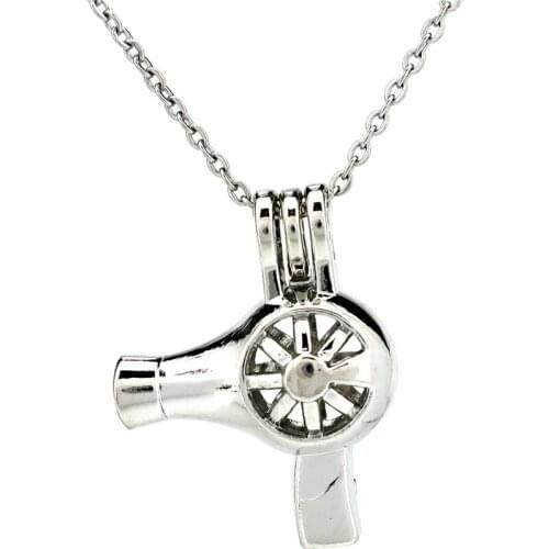 K912 Silver Alloy Hair Drier Beads Pearl Cage Pendant Chain Aroma Essential Oil Diffuser Locket Necklace