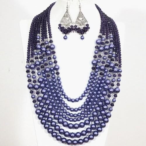Romantic European Blue Round Shell Simulated-pearl Abacus Crystal 7 Rows Beads Necklace Earrings Party Gifts Jewelry Set B1302