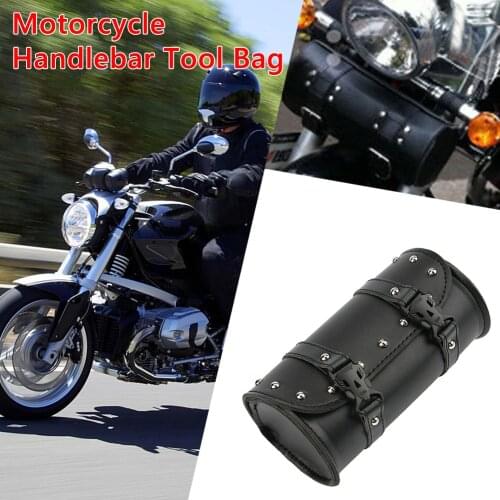 Black Pannier Saddle Bags Tools PU Leather Motorcycle Roll Tool Pouch Snap Buckle Fork Handlebar Sissy Bar Bag