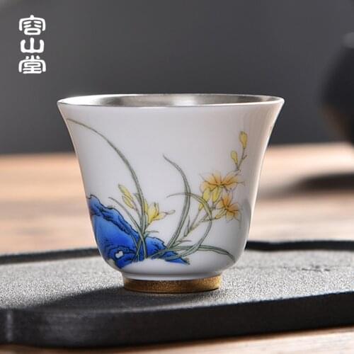 Silver gilding RongShan hall suet jade porcelain ceramic cups small sample tea cup masters cup personal single fullness
