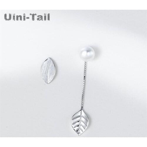 Uini-Tail new 925 sterling silver original leaf pearl asymmetric earrings Korean temperament long paragraph simple wild CCX083