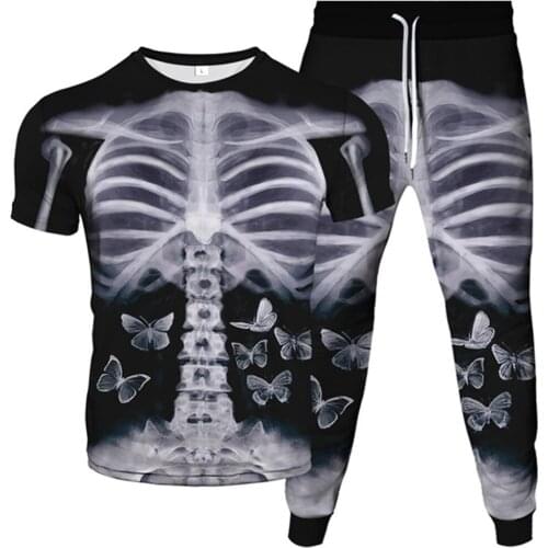 Holloween Men Women Punk Gothic Style Tracksuit Skeleton Butterflies Flower Weed Heart Finger Clothes T-Shirt+Long Pants 2pc Set