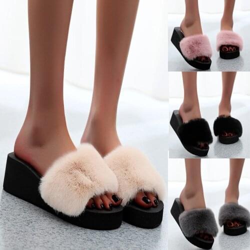 New Women Slippers Fluffy Home Flats Shoes Fashion Beach Solid Lady Slip-on Open Toe Wedges Female Warm Winter Slipper Shoes