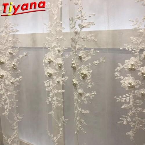 Luxury White Pearls Embroidery Tulle Curtains for Living Room Beautiful Flowers Yarn for Wedding Home Decoration HM915 #VT