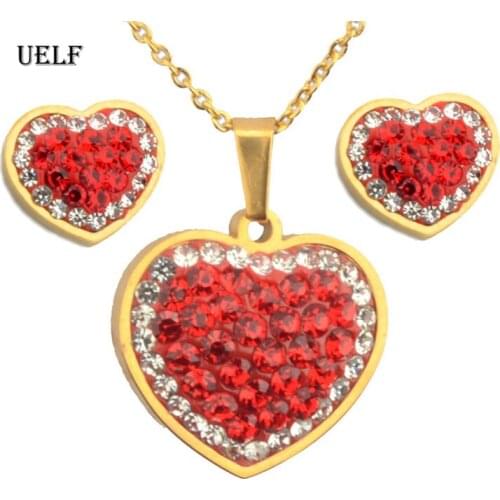 UELF Free shipping Fashion Jewelry Luxury Gold-color Romantic Austrian Crystal heart shape Chain Necklace Earrings Jewelry Set
