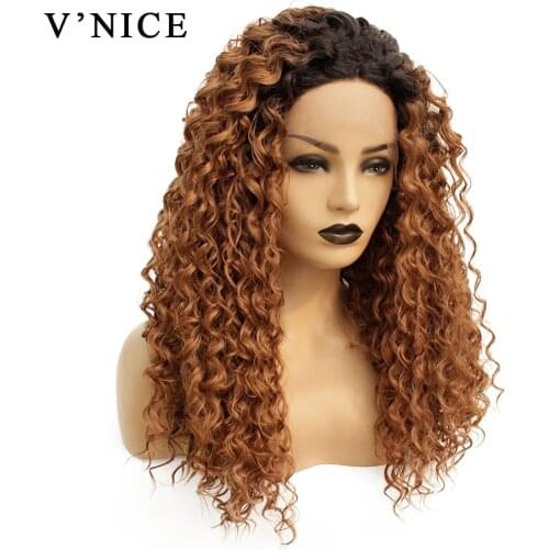 V'NICE Ombre Brown Curly Wig Synthetic Lace Front Wig for Black Women Natural Glueless Heat Resistant Fiber Daily Hair