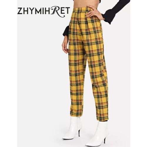 ZHYMIHRET Casual Yellow Plaid High Waist Straigh Pants Women 2019 Autumn Capris Pantalon Femme Side Zipper Trousers Streetwear