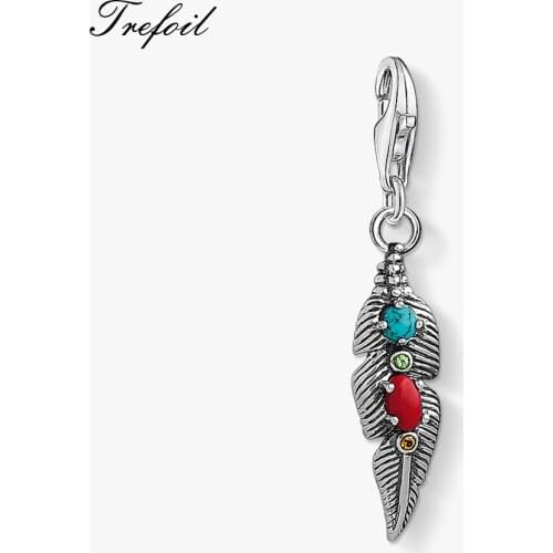 Ethnic Colorful Feather Charm Pendant 2019 Winter Fashion Jewelry 925 Sterling Silver Winter Bohemia Gift For Women Fit Bracelet