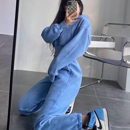 2021 Loose Short Sportswear Sweatershirt+casual Wide-leg Trousers Plus Velvet Thickening Two-piece Suit Women